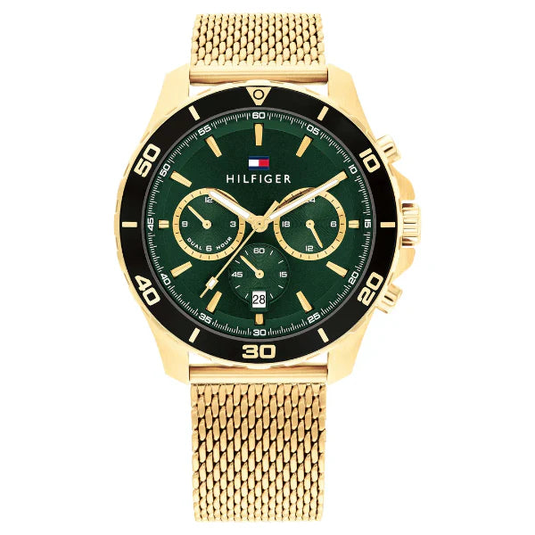 Tommy Hilfiger Jordan Gold Mesh Bracelet Green Dial Chronograph Quartz Watch for Gents
