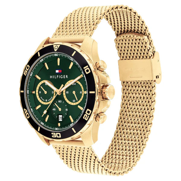Tommy Hilfiger Jordan Gold Mesh Bracelet Green Dial Chronograph Quartz Watch for Gents